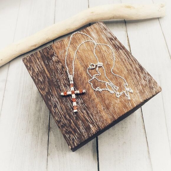 Garnet CZ Sterling Silver Cross Necklace - Picture 3 of 5